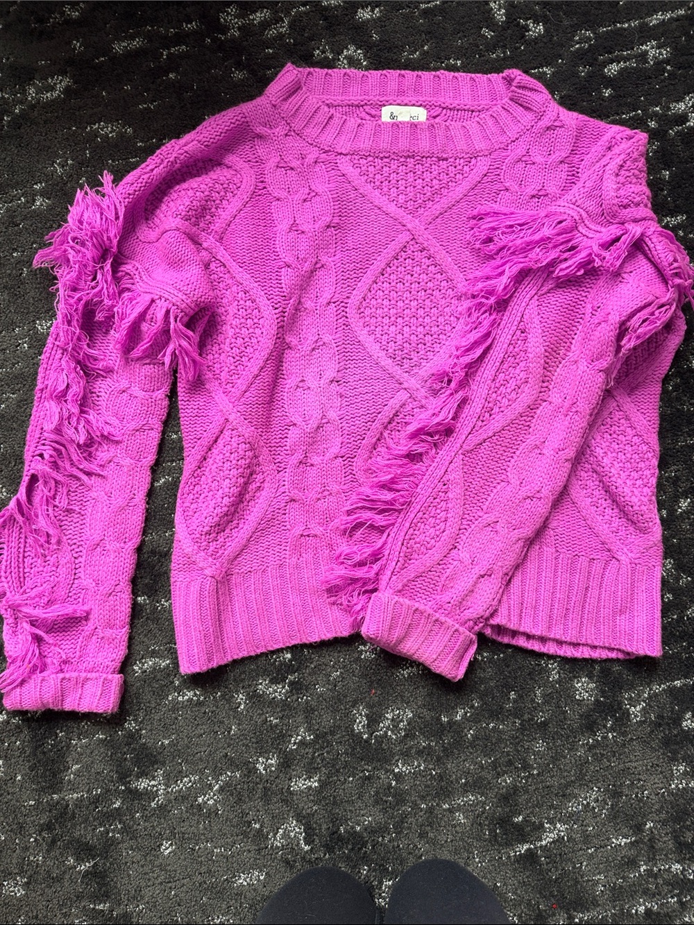Fringe Cable-Knit Crewneck Sweater in Magenta
